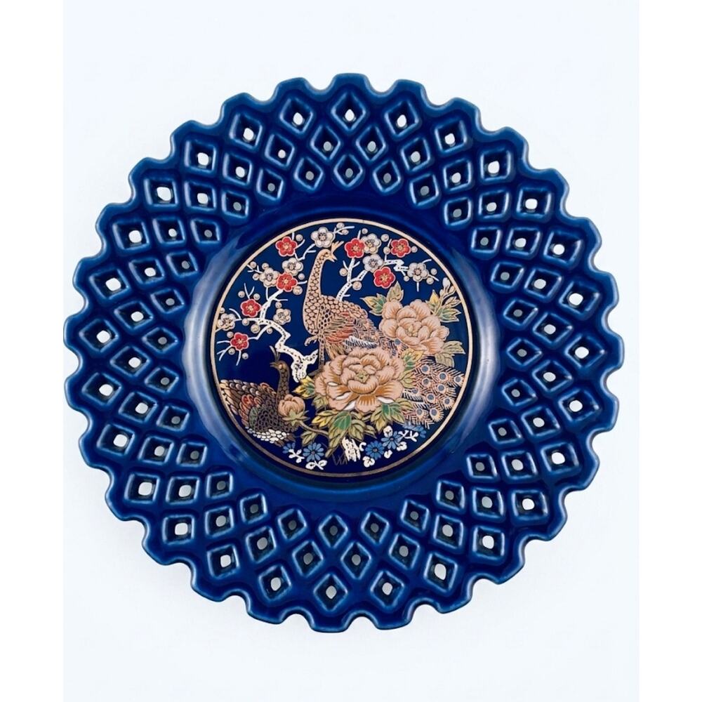 Vtg Miyako Japan Cobalt Blue Peacock Estate EU Porcelain 6” Plate Floral Lattice